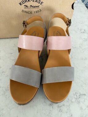 Kork-Ease Austin Women’s Pink and Gray Leather Two-Band Sandals